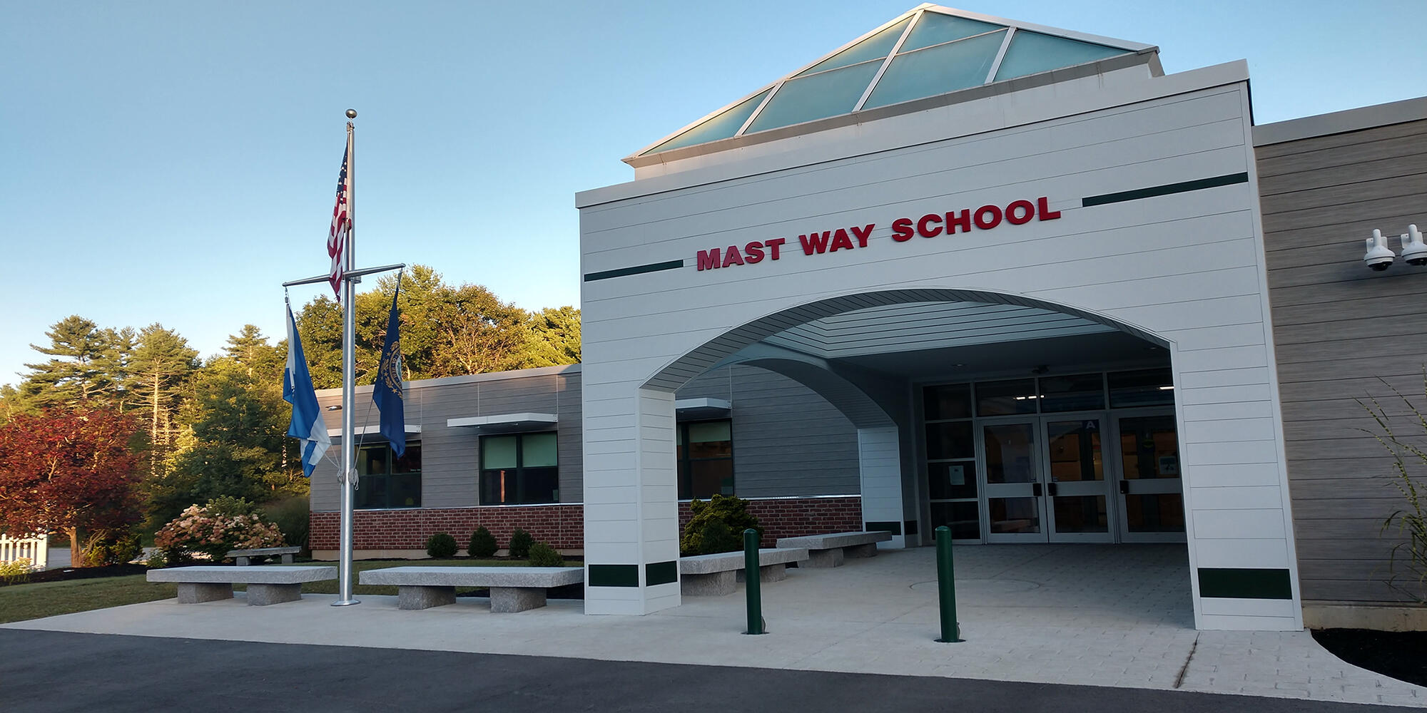 Front view of Oyster River's Mast Way Elementary School in winter