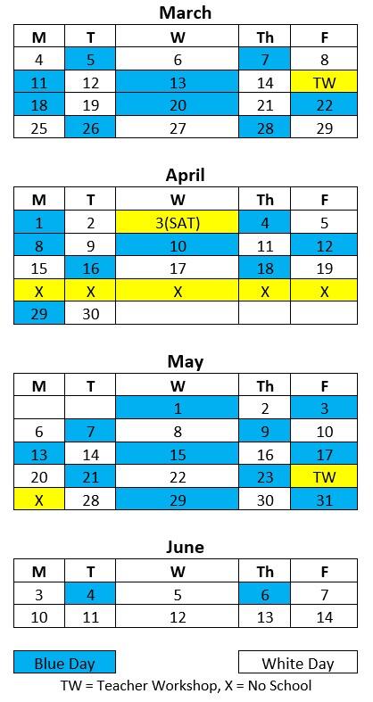 calendar for Spring Semester with blue and white schedule rotation in corresponding colors