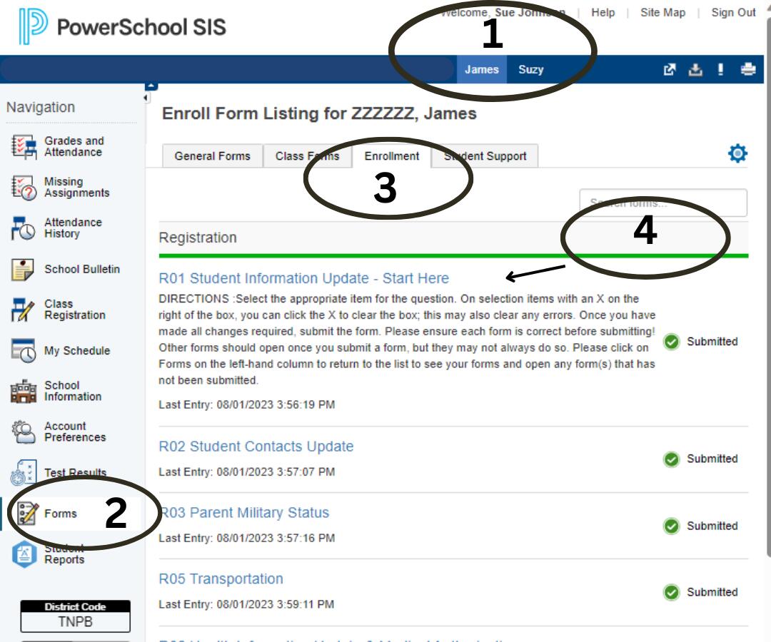 A PowerSchool screenshot indicating the four steps described on the webpage and showing where to find the following items: student's name, form tab, enrollment tab, and returning students forms.