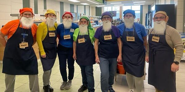 Photograph of Oyster River Child Nutrition team dressed as the Seven Dwarfs for Spirit Day.